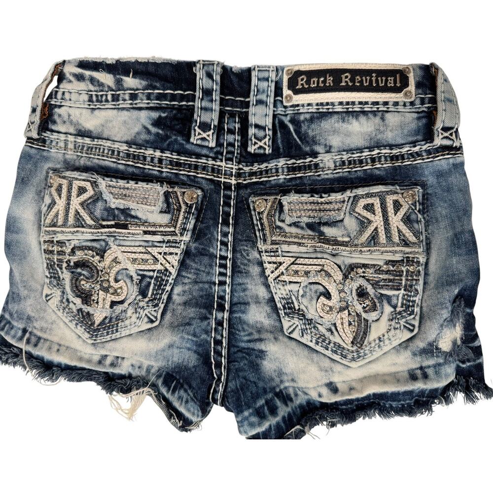EUC Rock Revival Leala Denim Shorts 24 Rhinestone Embellished Y2K Distressed